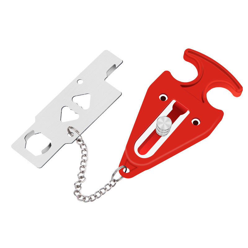 Travel with confidence or enhance your home security with this convenient, dual-purpose door stopper and snap lock