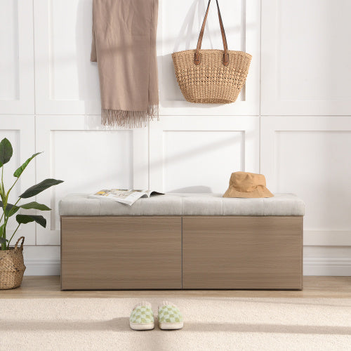 49" Storage Bench with Adjustable Shelves & Padded Cushion – Double Door Entryway Footstool Cabinet, Chenille Upholstery, Light Grey | Infinity Bazaar