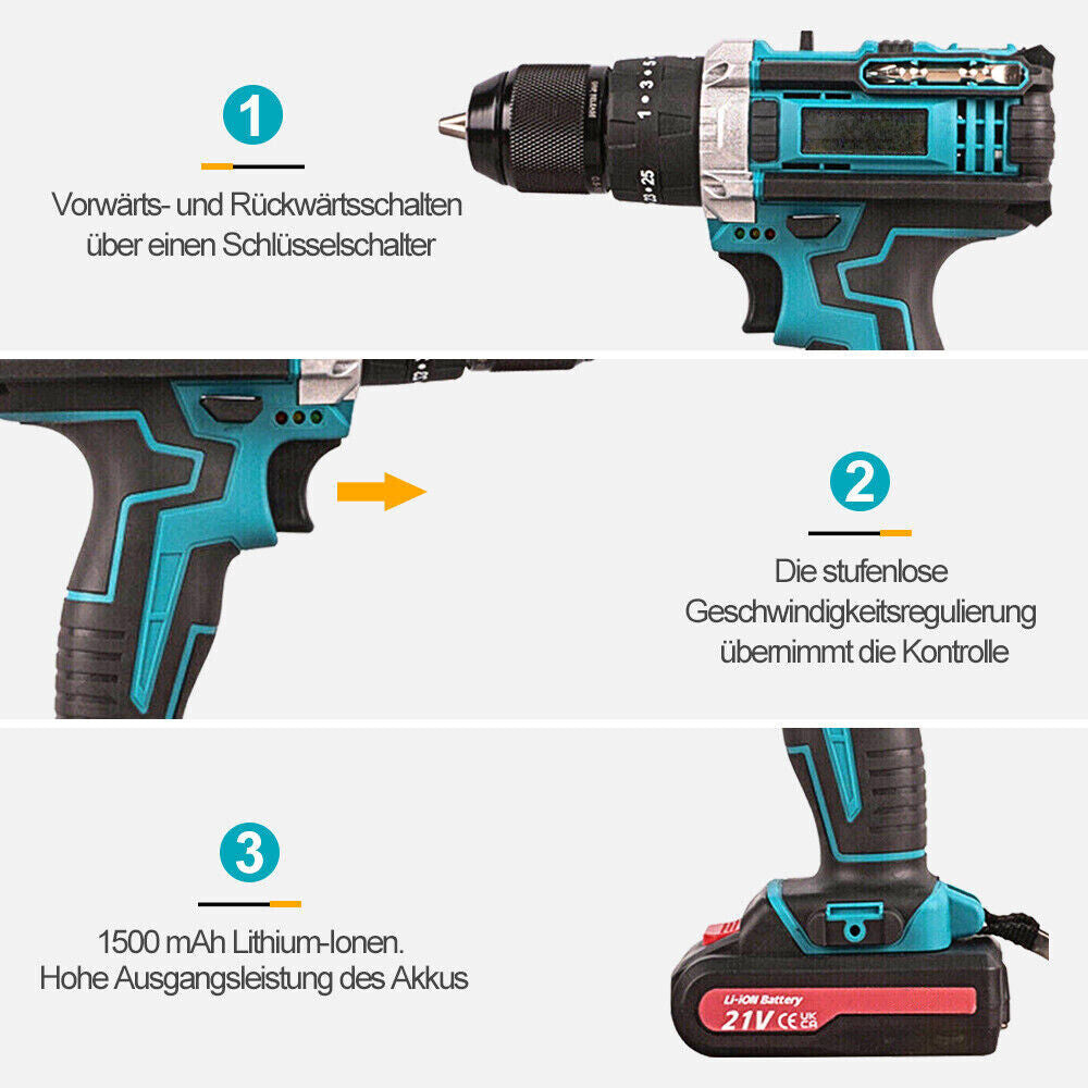 3-in-1 Cordless Brushless Drill Set – 21V Power Drill with Hammer & Screwdriver Functions | Electric Rechargeable Kit for DIY | Infinity Bazaar