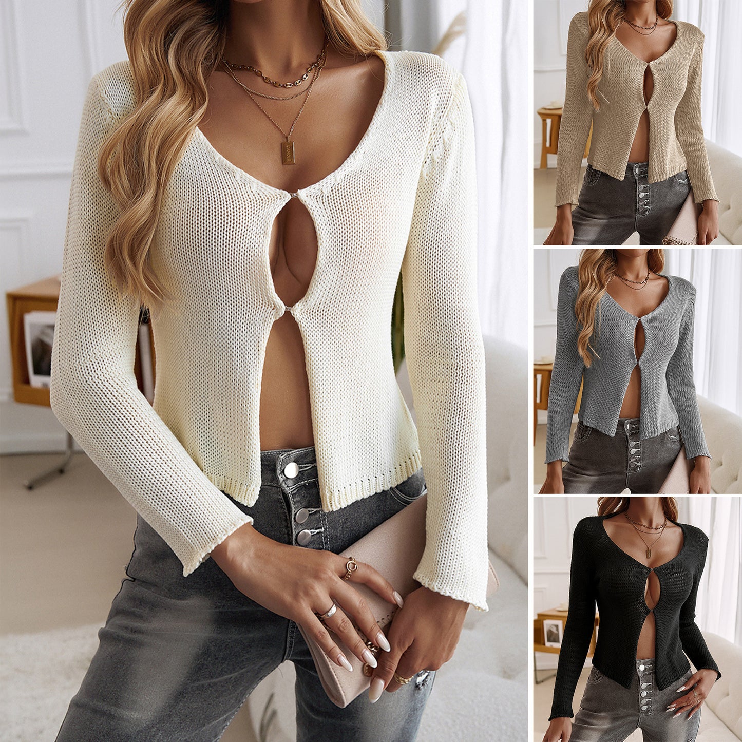 Hollow Cardigan Long Sleeve Sweaters Women's Clothing