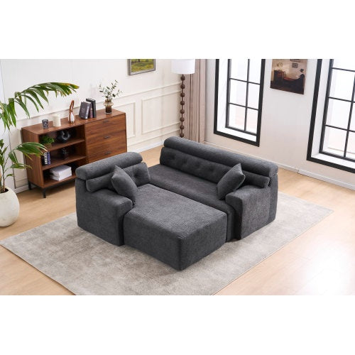 COMPRESSION SOFA Combining Chaise Longue With 3-seater Wood Grain Chenille Fabric, Full Sponge Compression Sofa,combined Sofa With 2 Pillows For Living Home Furniture