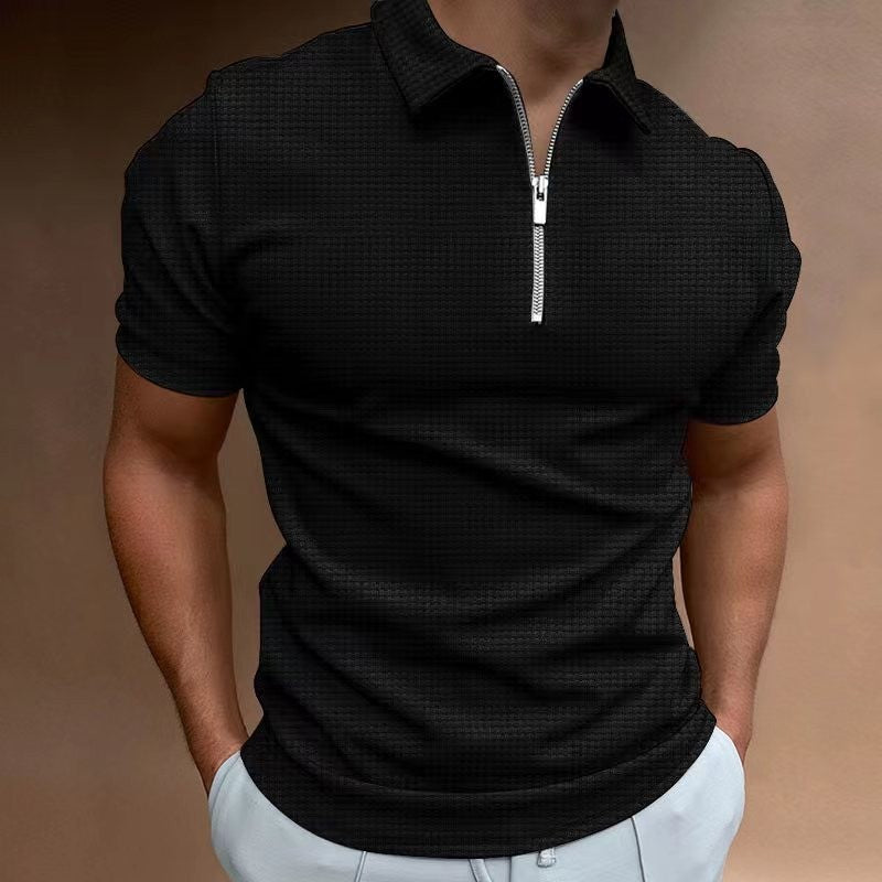 Summer Casual Slim Short Sleeve Zipper Stripe Lapel