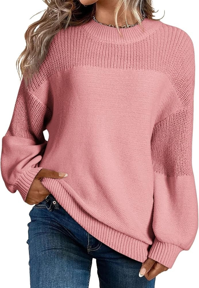 Solid Color Lantern Sleeve Pullover Round Neck Sweater