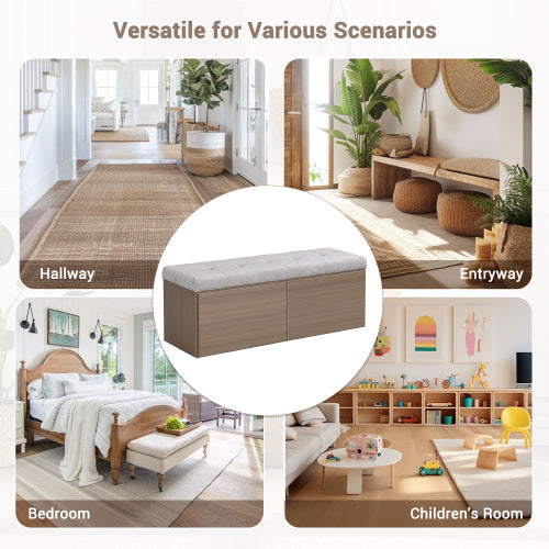 49" Storage Bench with Adjustable Shelves & Padded Cushion – Double Door Entryway Footstool Cabinet, Chenille Upholstery, Light Grey | Infinity Bazaar