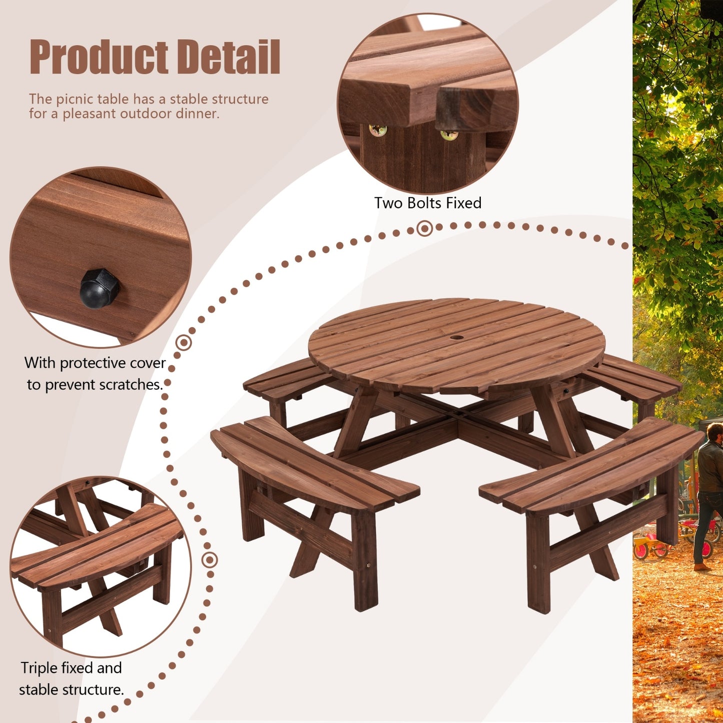 8-Person Wooden Picnic Table with 4 Built-in Benches – Round Outdoor Camping & Garden Dining Table, 2220lb Capacity, Fir Wood | Infinity Bazaar