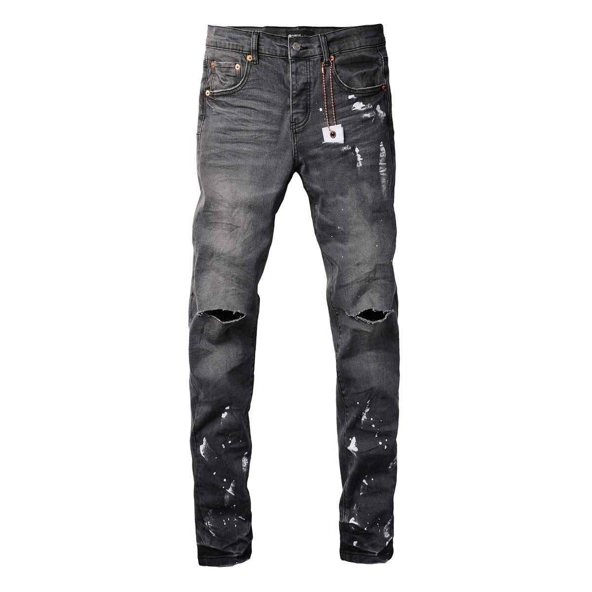 Purple Denim Jeans - Gray Knee Knife Ripped Splash Ink