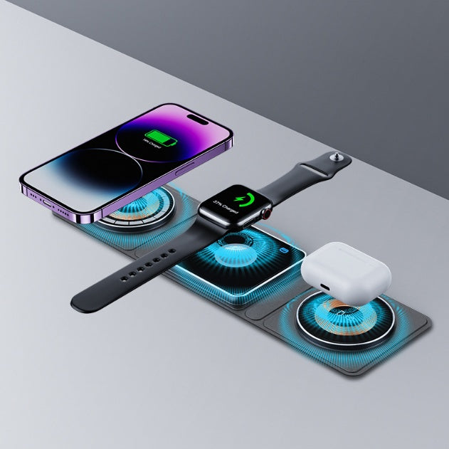 3-in-1 Magnetic Folding Wireless Charger Station – Transparent Fast Charging Dock for iPhone, Apple Watch & AirPods| Infinity Bazaar