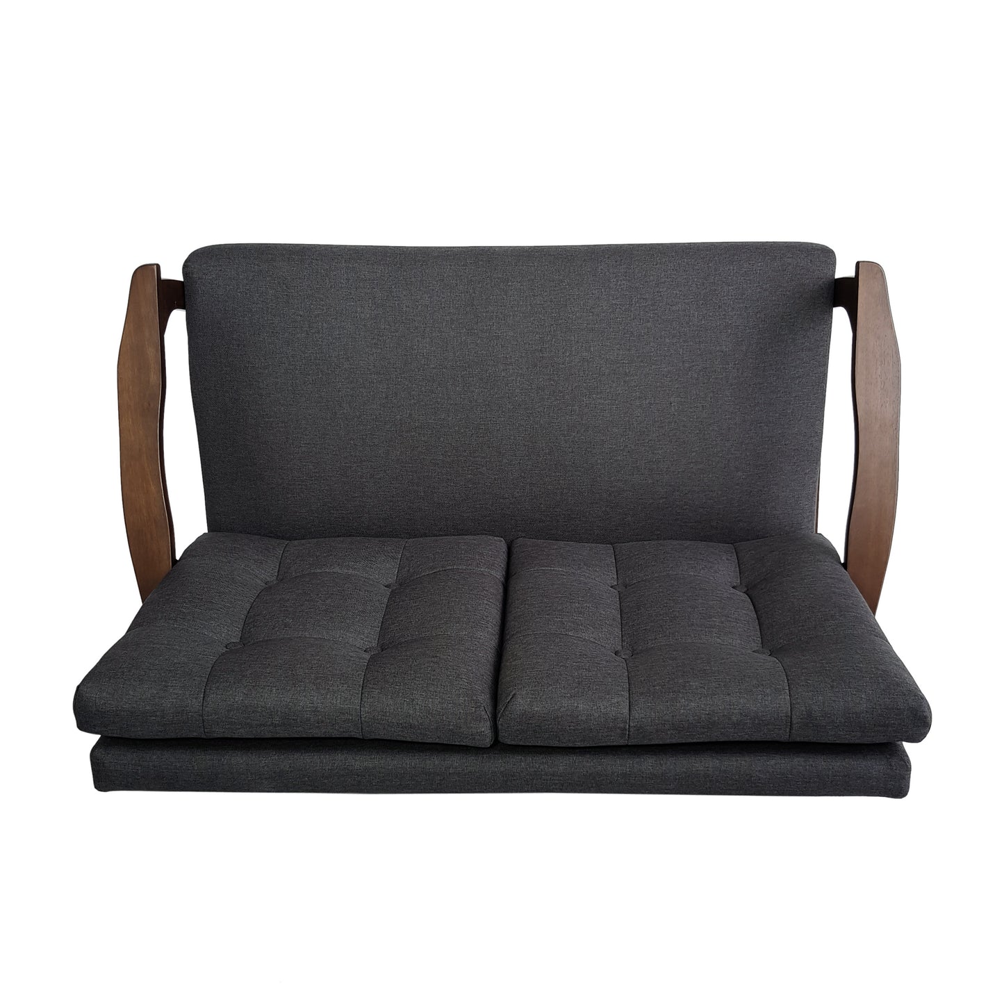 2-Person Sofa in Charcoal Gray – Button-Tufted Fabric Loveseat with Walnut Wood Legs | Infinity Bazaar