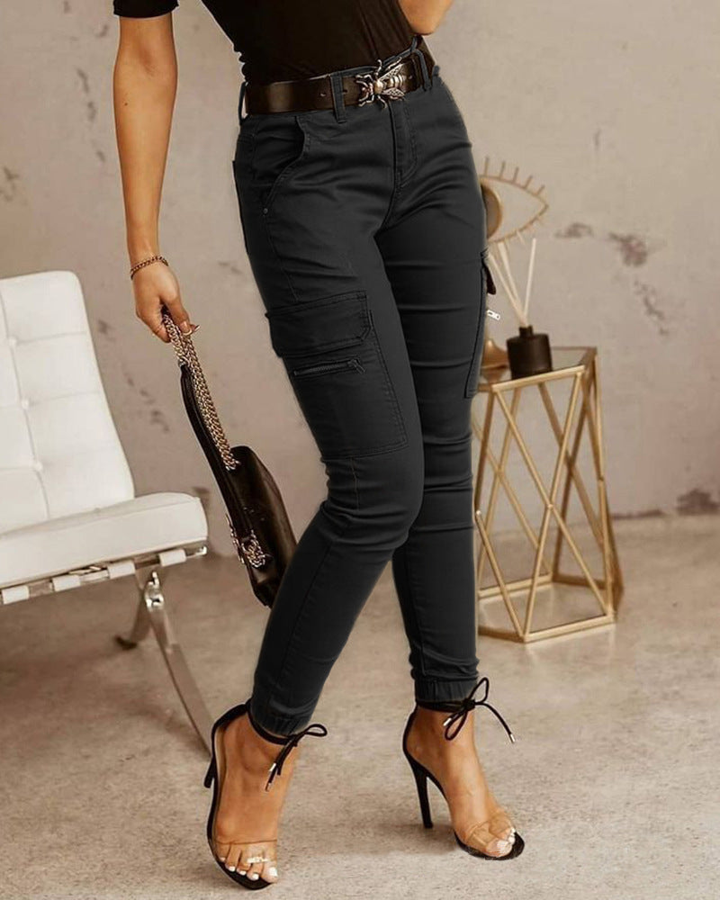 Women's Trousers, Low-waisted Buttons, Solid Color Pockets