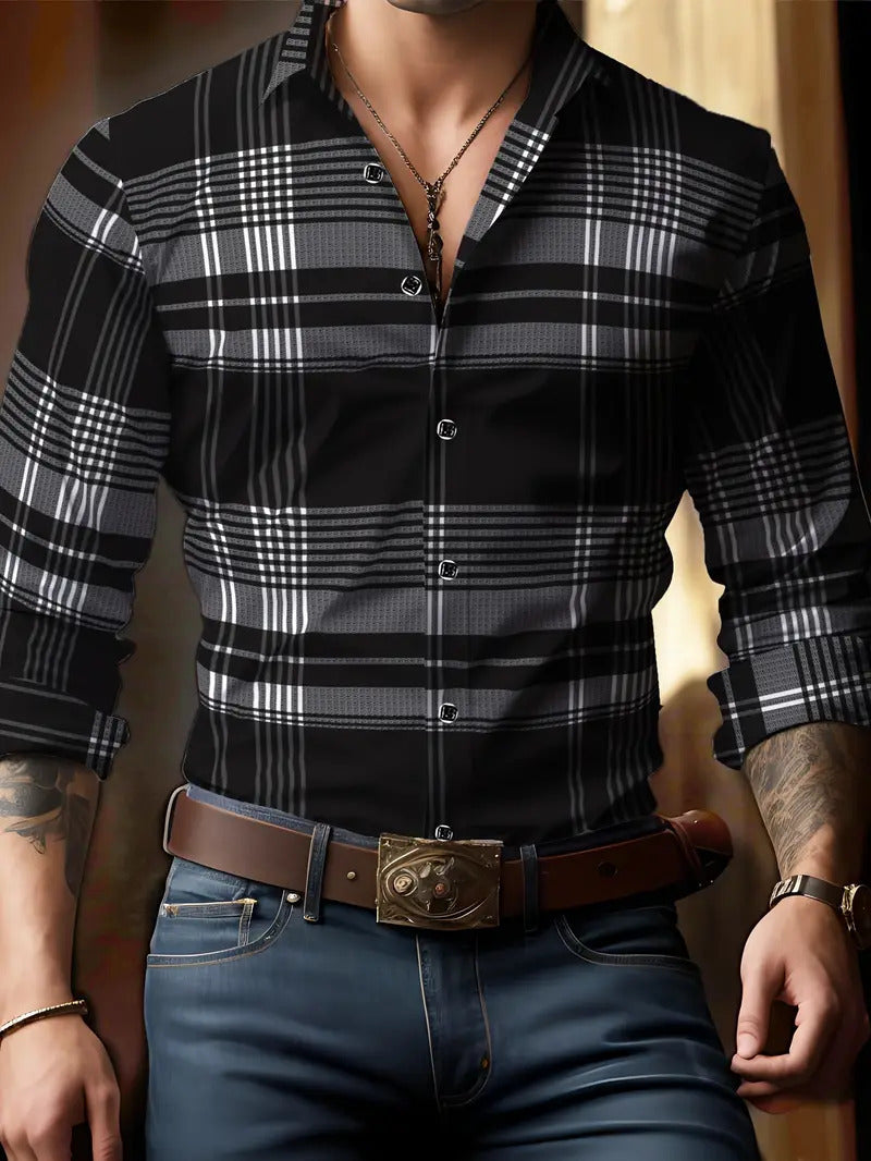 Breathable Casual Versatile Lattice Men's Long Sleeve Shirt