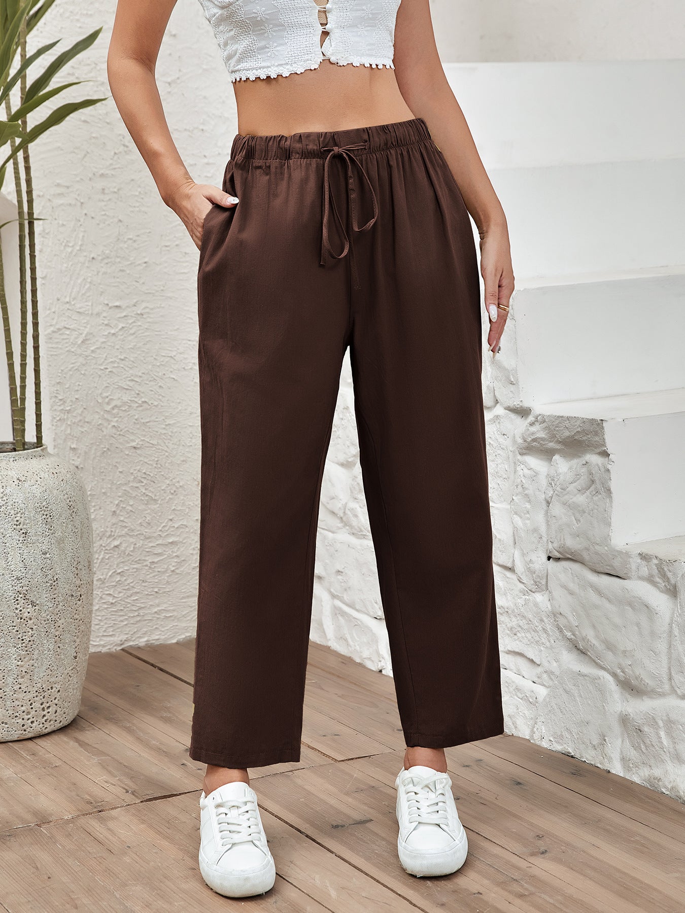 Women's Drawstring Elastic Cotton And Linen Casual Cropped Pants