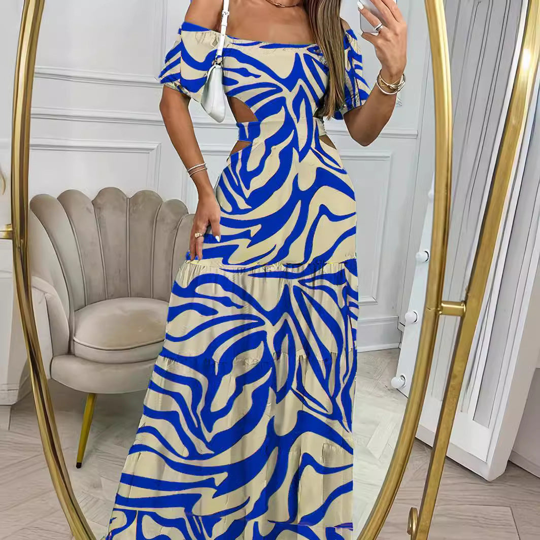 Women’s Floral Print Long Chiffon Dress with Hollow Waist and Collar Detail | Infinity Bazaar