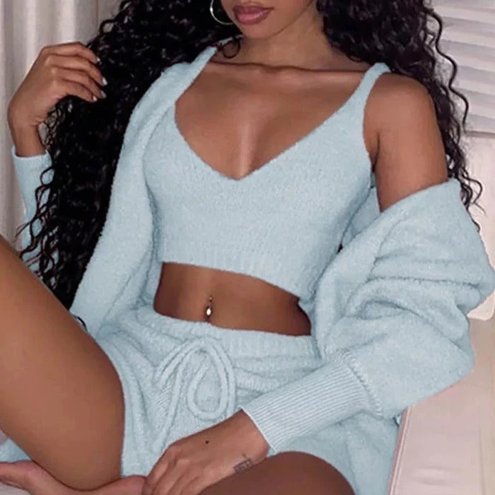 3pcs Velvet Pajama Set for Women – Long Sleeve Crop Top, Drawstring Shorts & Tank Vest Sleepwear | Infinity Bazaar