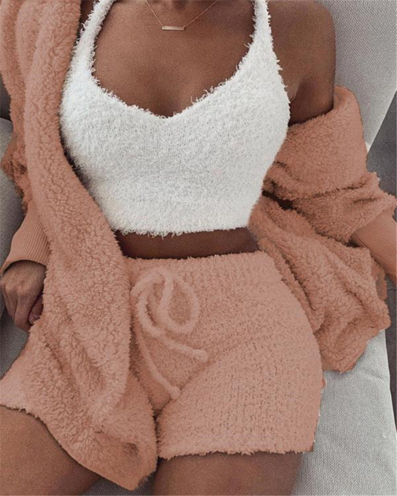 3pcs Velvet Pajama Set for Women – Long Sleeve Crop Top, Drawstring Shorts & Tank Vest Sleepwear | Infinity Bazaar