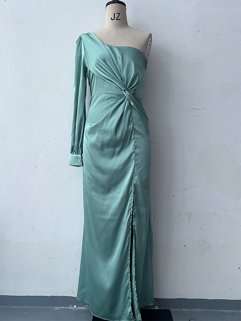One-Shoulder Split Party Dress – Long-Sleeved Slim Fit | Infinity Bazaar
