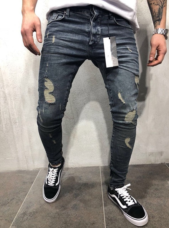 High street tide men's hole jeans stretch large size pants slim pants Biker jeans