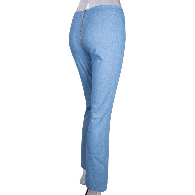 Zipper skinny woman denim stretch jeans with vintage bell bottom flare