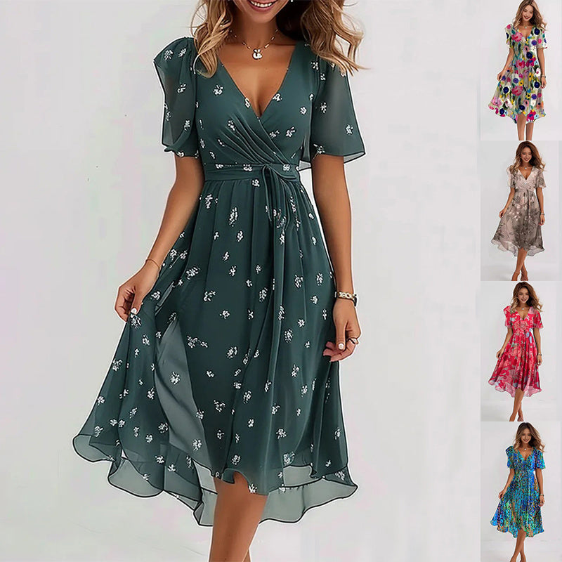 Women’s Chiffon Printed V-Neck Summer Dress – Elegant Two-Piece Set | Infinity Bazaar