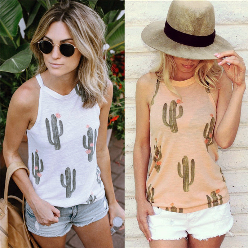 Summer Cactus Print Women T Shirt Casual Halter Harajuku Women T-Shirt