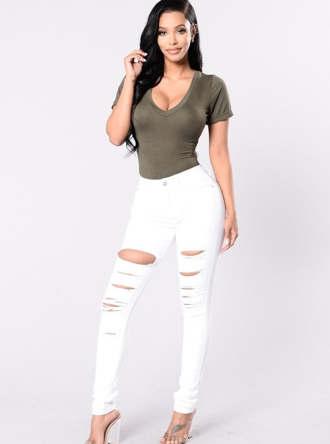 casual women's cotton denim slim jeans - mid waist ripped holes pencil pants cowboy jeans femme