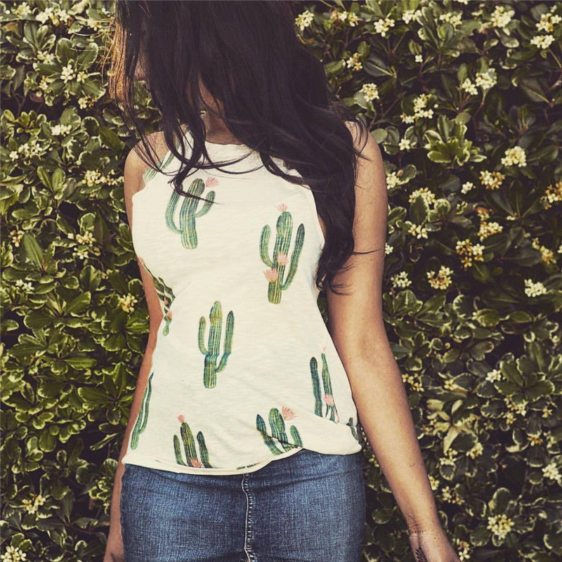 Summer Cactus Print Women T Shirt Casual Halter Harajuku Women T-Shirt