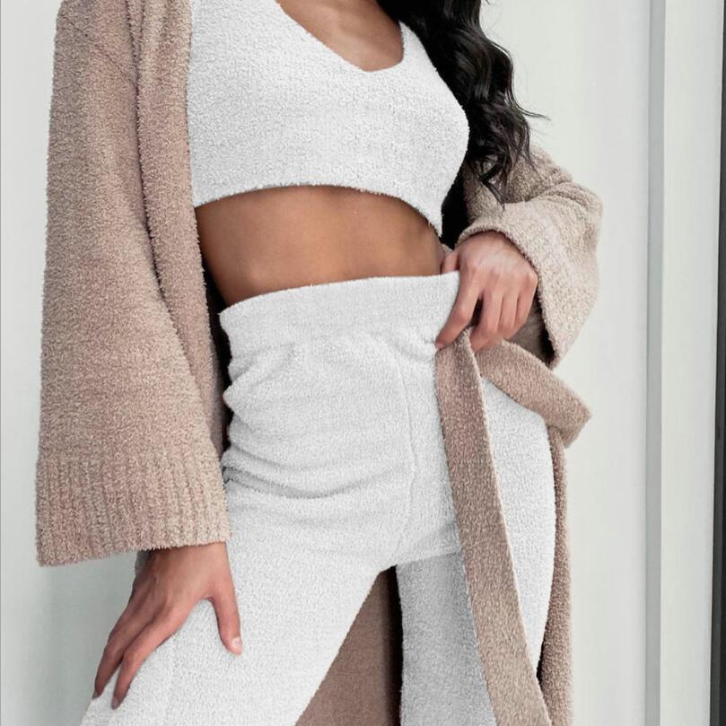 3pcs Velvet Pajama Set for Women – Long Sleeve Crop Top, Drawstring Shorts & Tank Vest Sleepwear | Infinity Bazaar