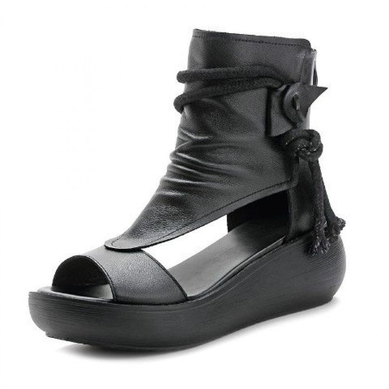High Top High Slope Heel Sandals Soft Leather Platform Fish Mouth Sandals