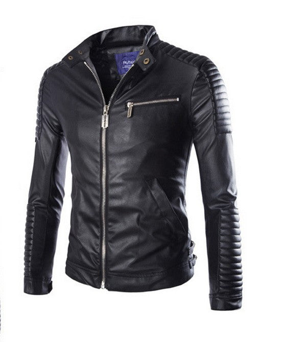 Men's Solid Color Faux Leather Motorcycle Jacket