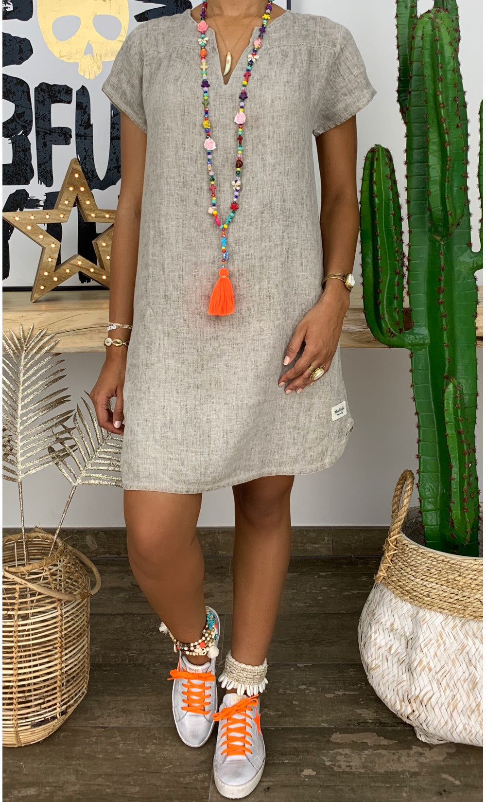 Loose Summer Solid Color Short Sleeved V Neck Cotton And Linen Dress