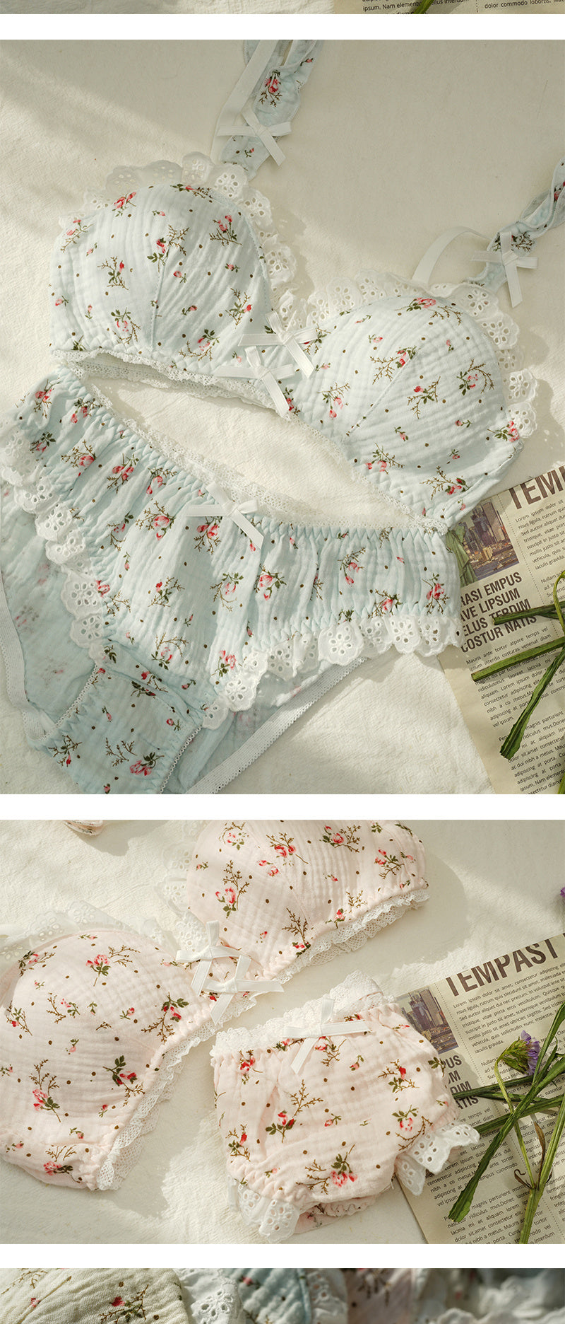 Elegant French Floral Cotton Retro Cotton Underwear Set