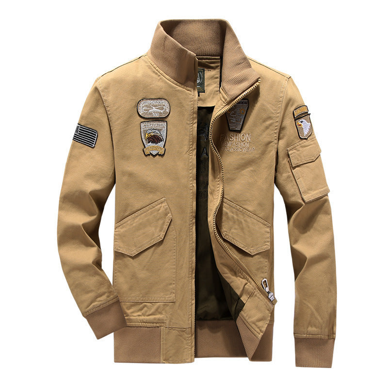 Military Style Jacket Cotton Wash Stand Collar Tooling Military