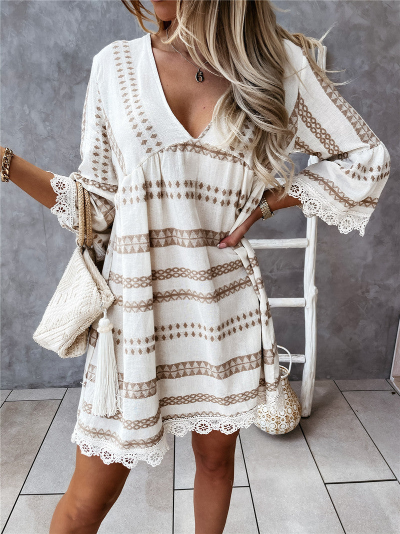 Long Sleeve V-neck Geometric Print Dress