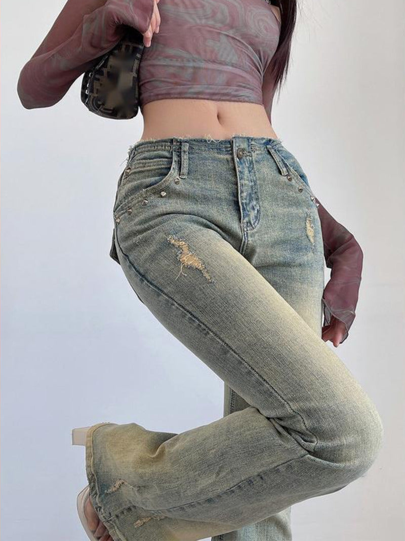 Women's American-style Rivet Wear High Waist Flared Jeans