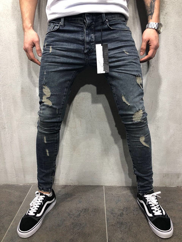 High street tide men's hole jeans stretch large size pants slim pants Biker jeans