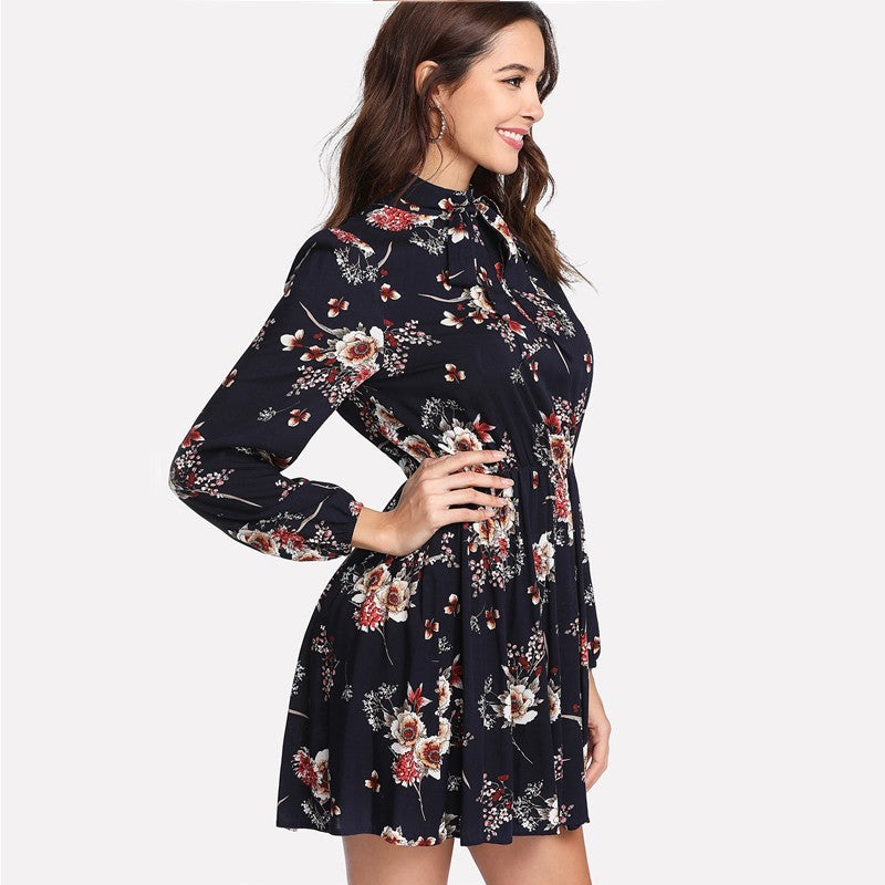 Women’s Autumn Floral High Waist Long Sleeve Dress | Infinity Bazaar