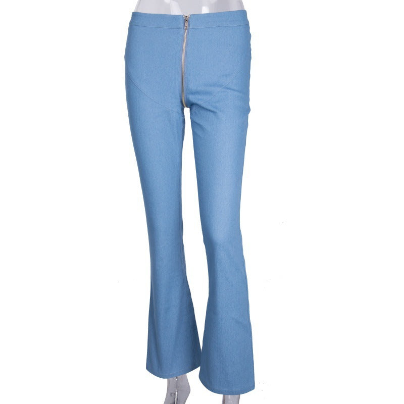 Zipper skinny woman denim stretch jeans with vintage bell bottom flare