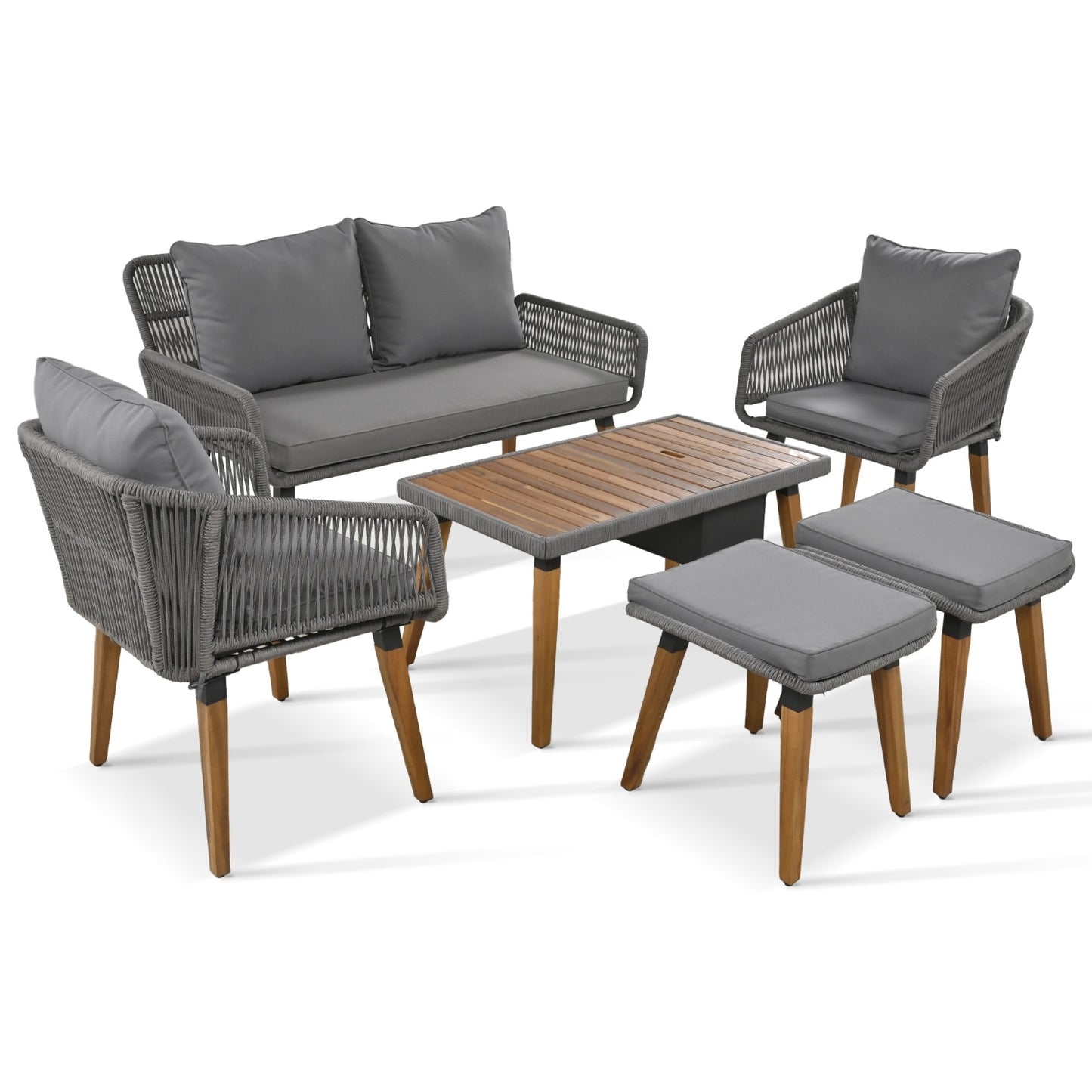 6-Piece Rope Patio Furniture Set, Outdoor Patio Furniture Set – Outdoor Sofa Seating Acacia Wood, Weather-Resistant Cushions | Infinity Bazaar