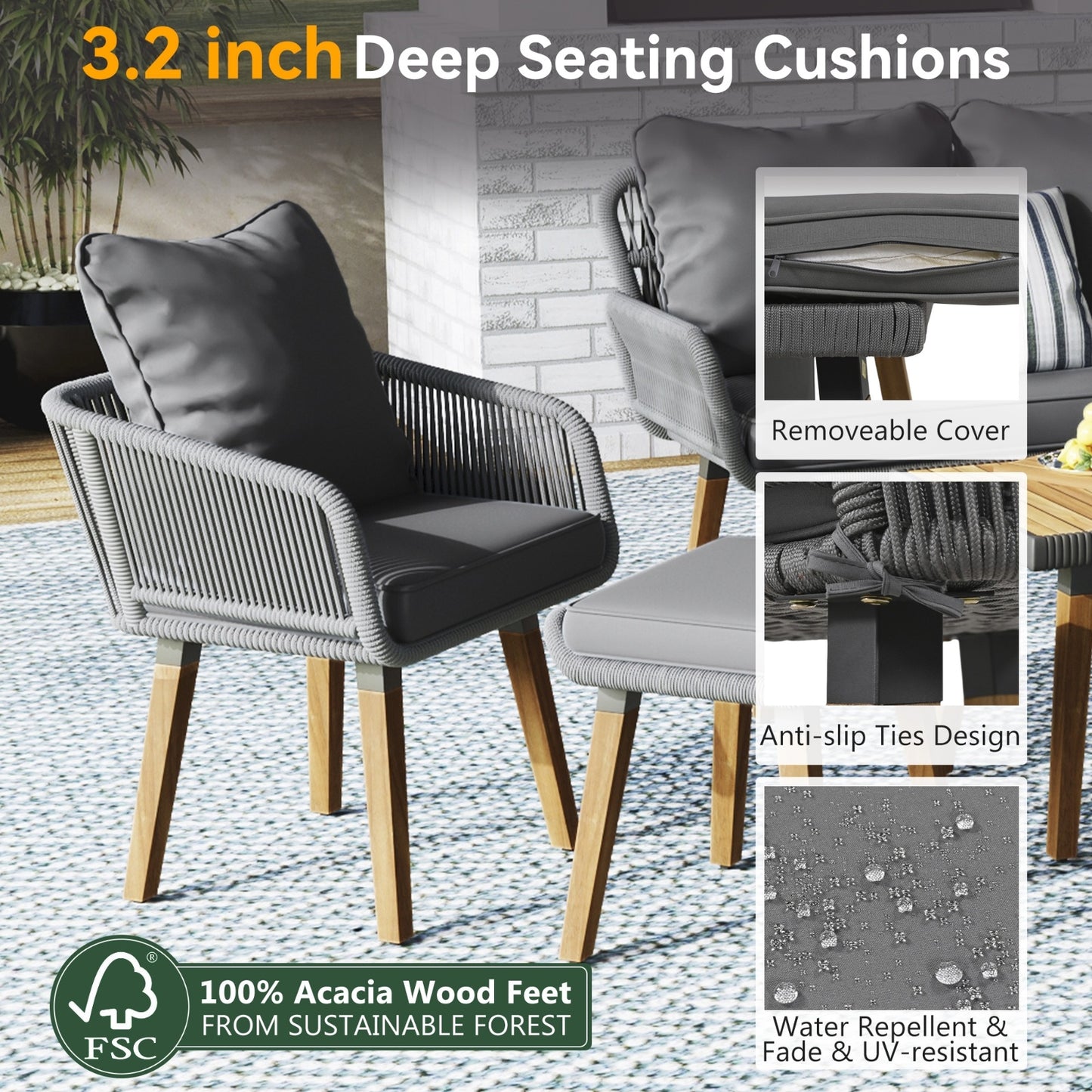 6-Piece Rope Patio Furniture Set, Outdoor Patio Furniture Set – Outdoor Sofa Seating Acacia Wood, Weather-Resistant Cushions | Infinity Bazaar