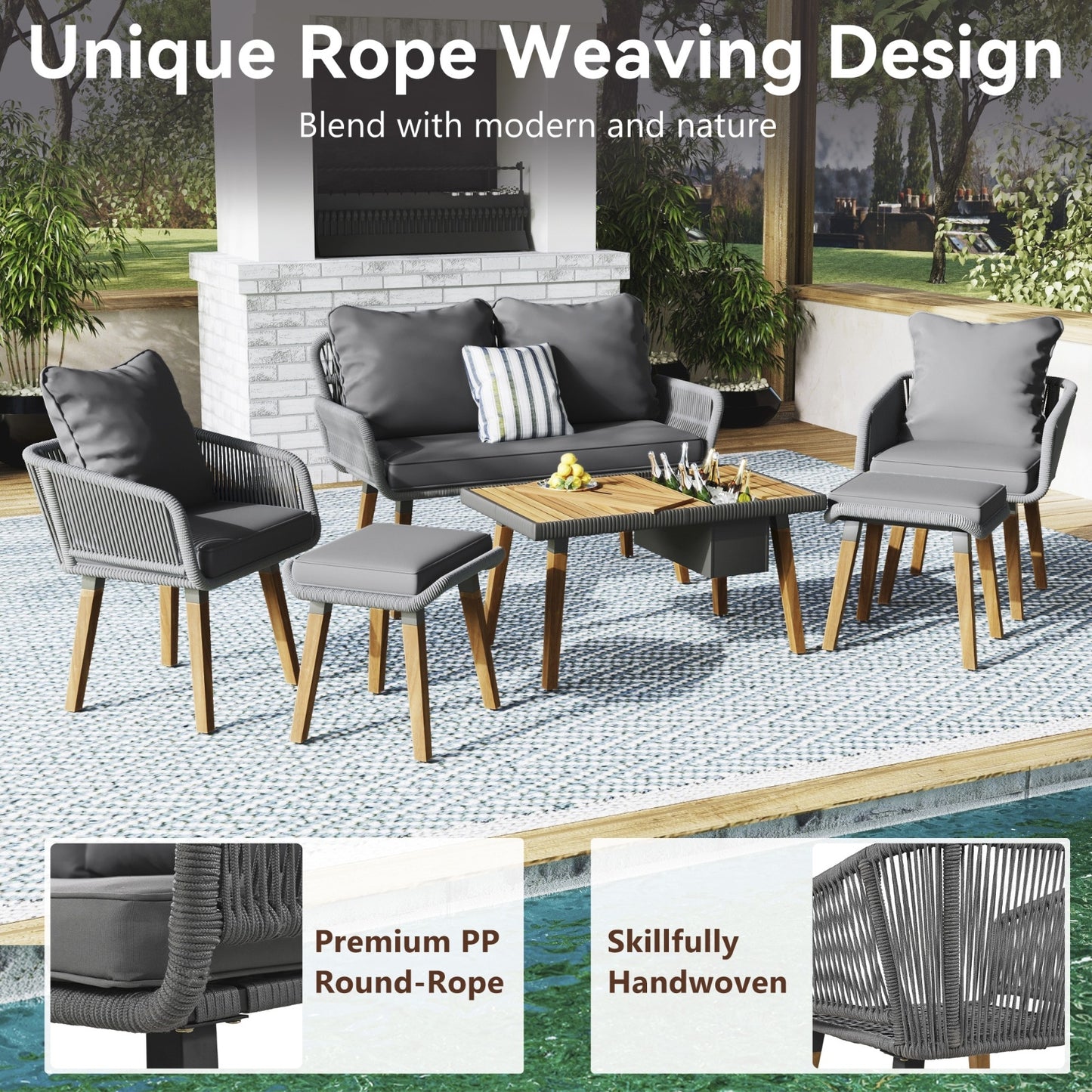 6-Piece Rope Patio Furniture Set, Outdoor Patio Furniture Set – Outdoor Sofa Seating Acacia Wood, Weather-Resistant Cushions | Infinity Bazaar