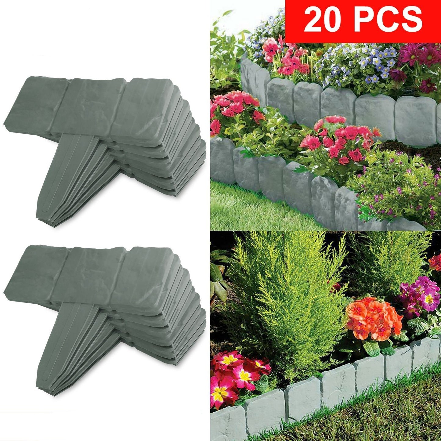 20-Piece Plastic Lawn Edging Kit – 16ft Weather-Resistant Garden Border with Cobbled Stone Look | Infinity Bazaar