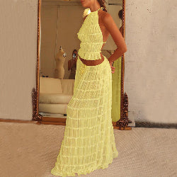 2-Piece Women’s Halter Top & Pleated Skirt Set – Backless Beach Dress Outfit | Infinity Bazaar