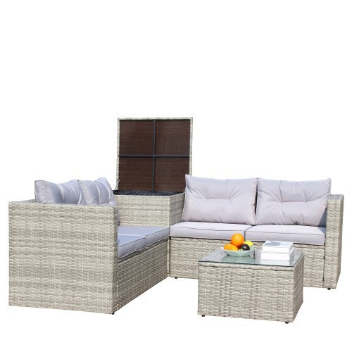 4-Piece Patio Sectional Wicker Rattan Outdoor Furniture Sofa Set with Storage Box – Grey | Infinity Bazaar