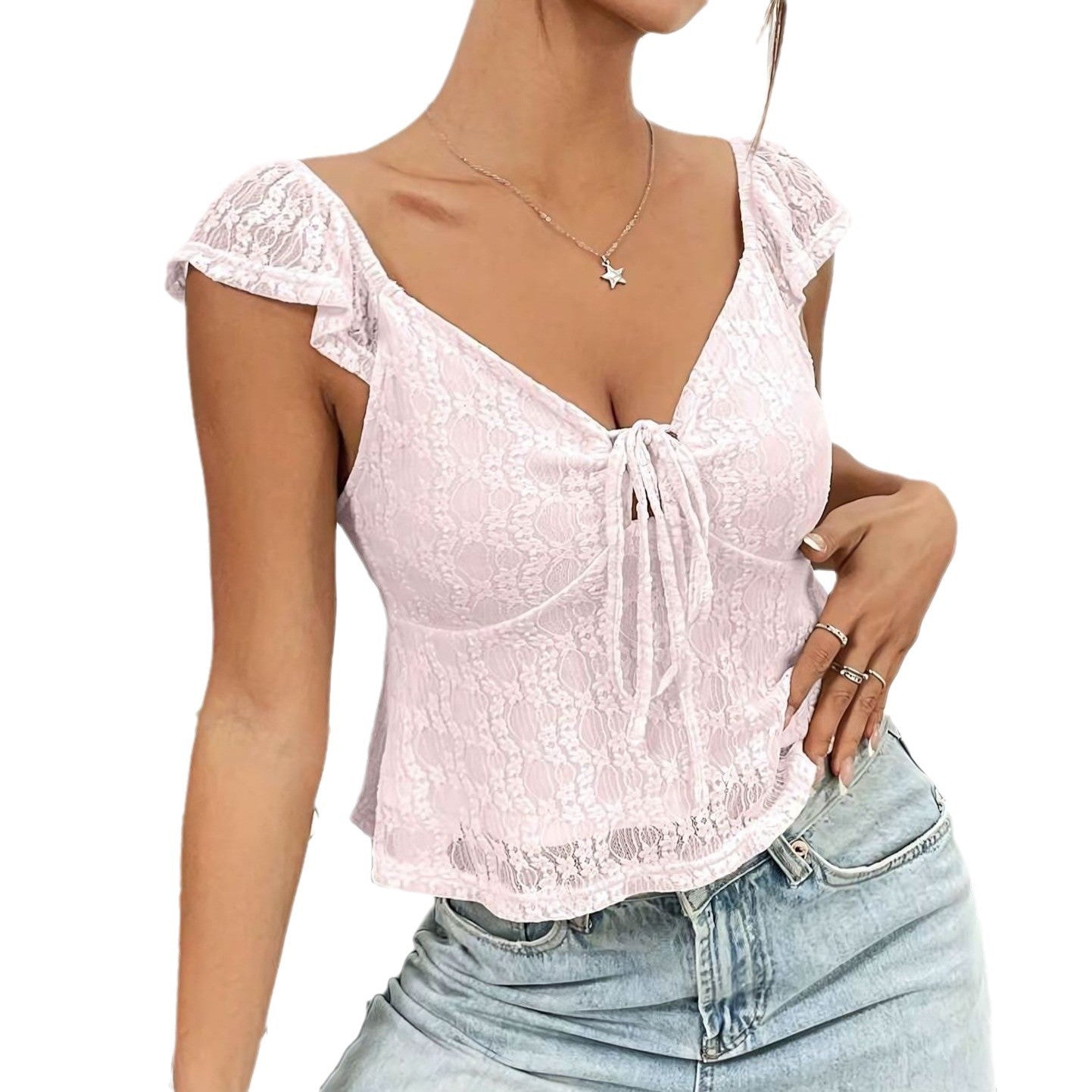 Casual Short Top Lace Lace Band V-neck Top
