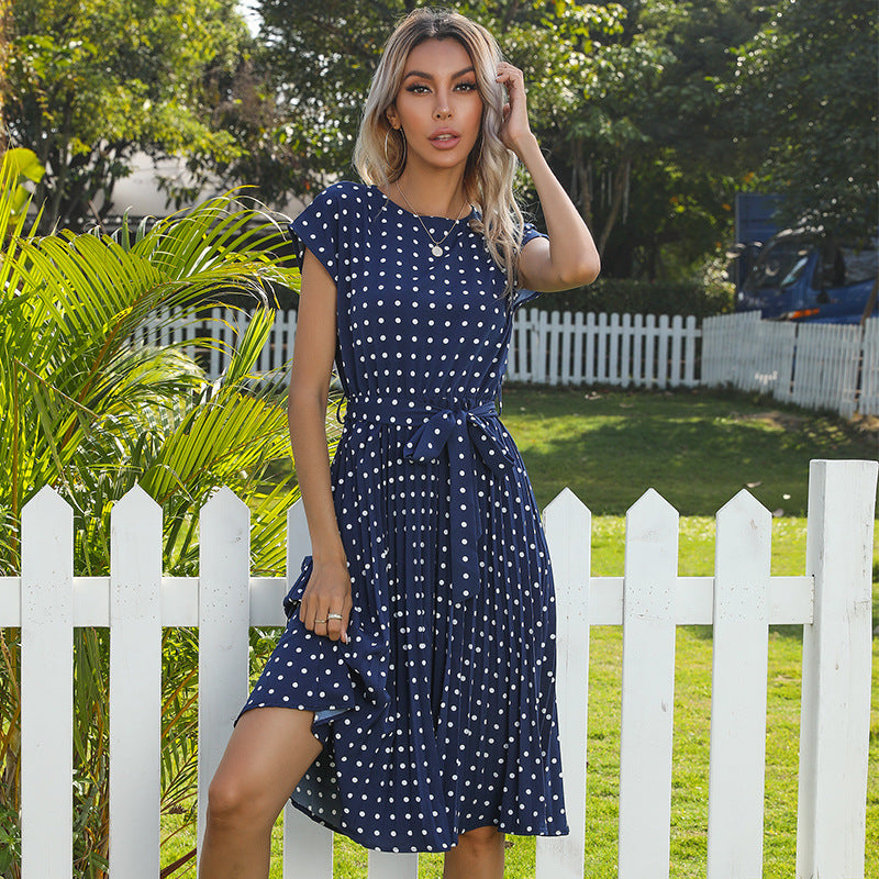 Women’s Summer Polka Dot Pleated Midi Dress – Short Sleeve Button-Down Style | Infinity Bazaar