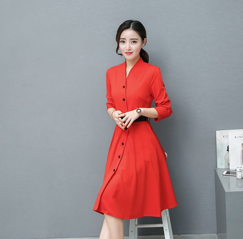 Women’s Long-Sleeved Brocade Cotton Dress – 3/4 Sleeve Spring & Autumn Wear | Infinity Bazaar
