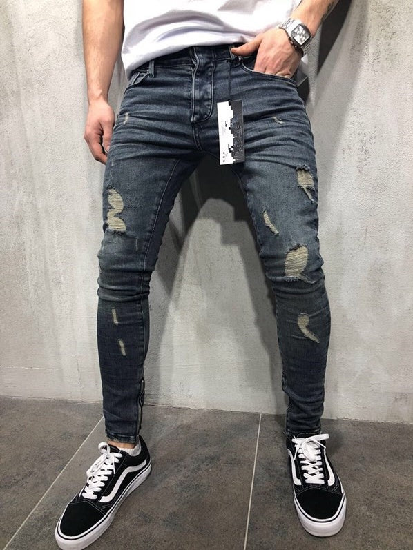 High street tide men's hole jeans stretch large size pants slim pants Biker jeans