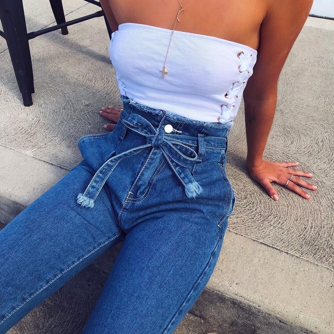 Women's Spring & Autumn vintage tassels high waist jeans