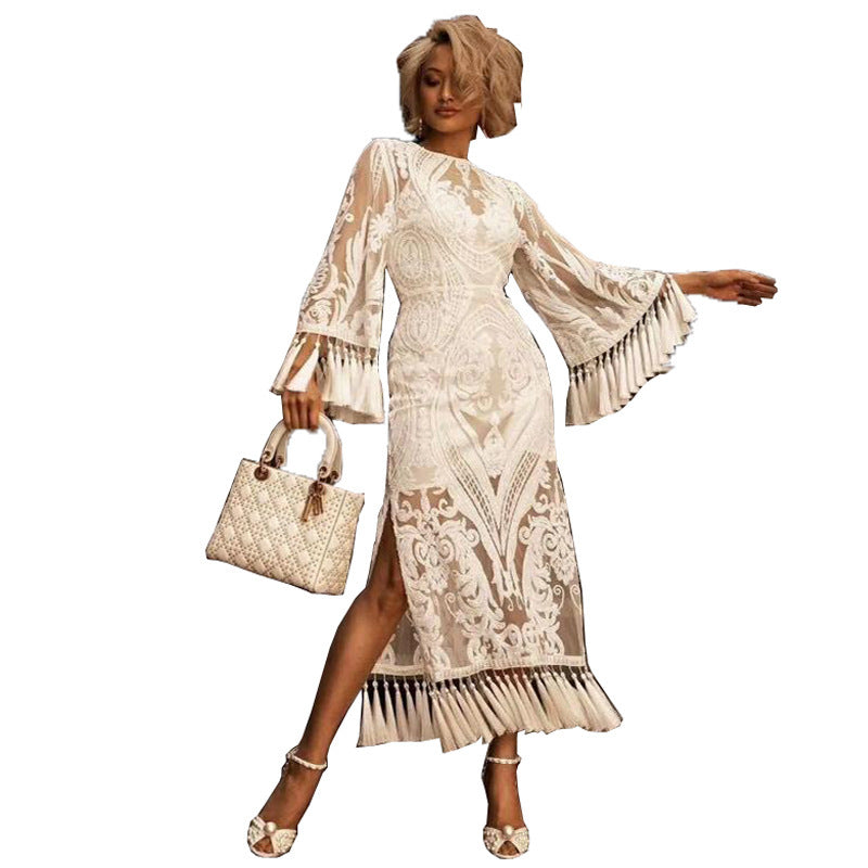 Women’s Lace Embroidered Tassel Maxi Dress – A-Line Boho Elegance | Infinity Bazaar