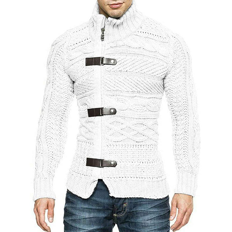 Turtleneck Sweater Men's Leather Button Long Sleeve Knit Cardigan Jacket
