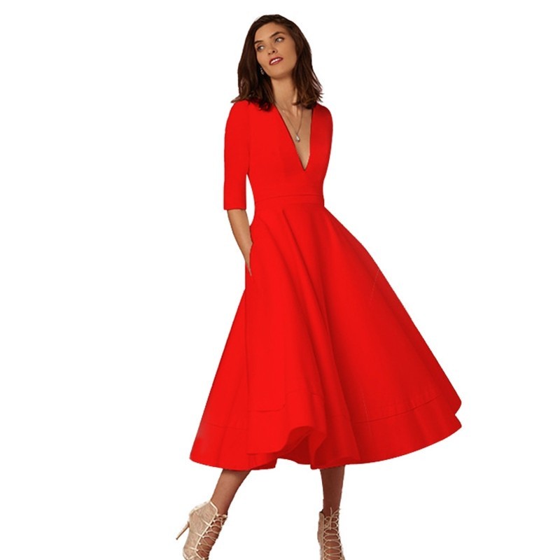 Women’s Retro 60s V-Neck Swing Dress with Mid Sleeves and Zipper | Infinity Bazaar